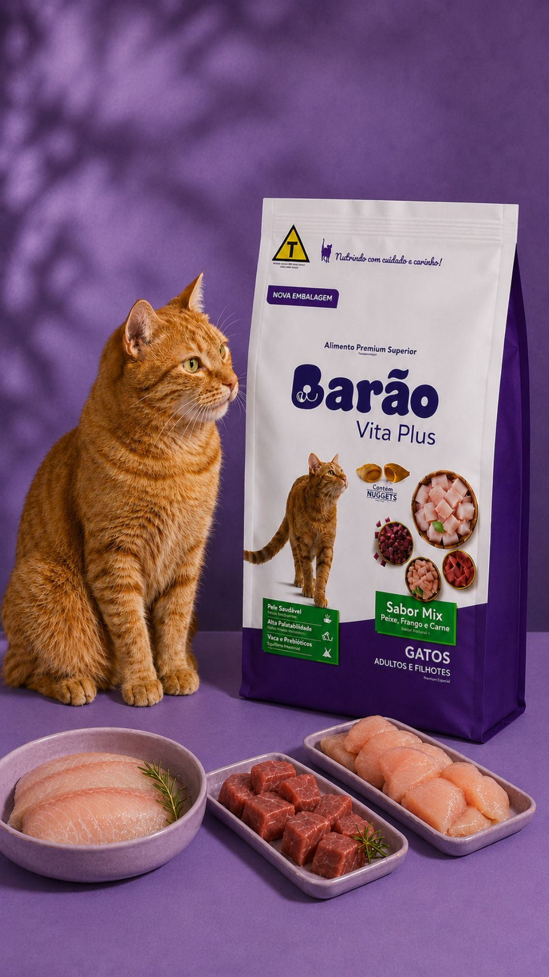 Gato laranja ao lado da embalagem Sabor Mix com peixe, frango e carne